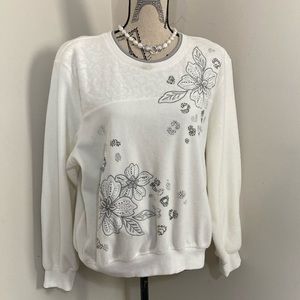 Alfred Dunner Women’s Cream Round Neck with Grey Pipping & Embellished Florals